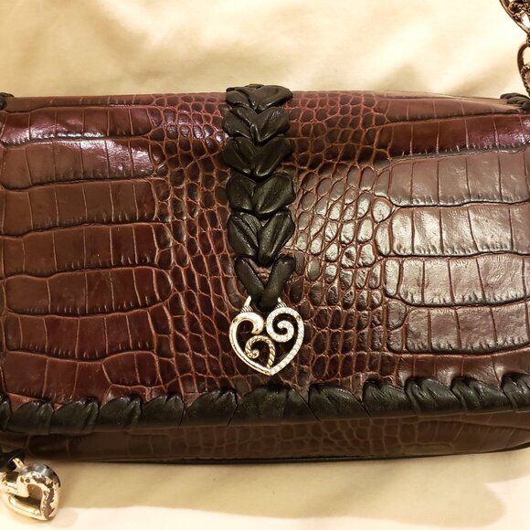 BRIGHTON Handbag/Shoulder Bag Brown Alligator Embossed Leather/Black Trim - Picture 7 of 14